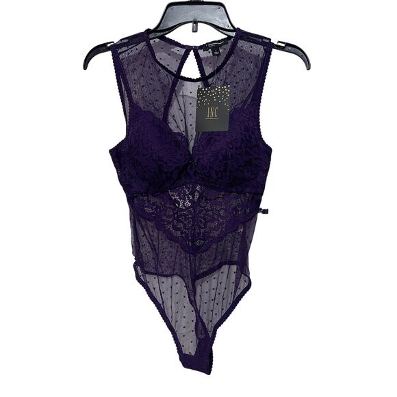 I.N.C. INTERNATIONAL CONCEPTS SHEER SWISS DOT CUPPED BODYSUIT PURPLE SMALL NEW! - Picture 1 of 11